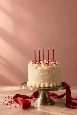 A cream birthday cake with red candles on a metal stand beside a red ribbon.