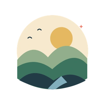 A calm circular landscape with a golden sun, layered sage and forest green hills, a winding blue river and two birds.