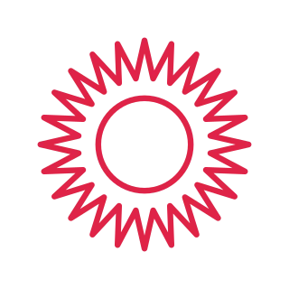 A double radial badge has 24 evenly spaced outward points and an inner circular ring.