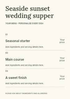 Seaside sunset wedding supper menu template · Structured menus