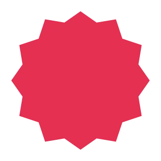 A round red badge with a scalloped edge.