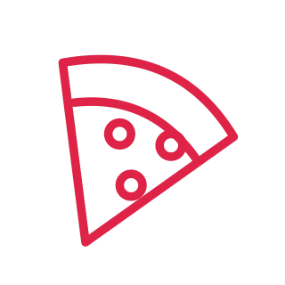A triangular pizza slice has a curved crust and three circular toppings.