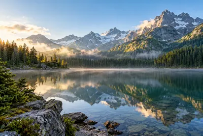 Mountain peaks and trees reflected in a calm alpine lake in warm morning light.