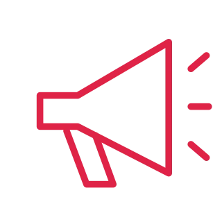 A flared megaphone has a short grip and three small sound rays.