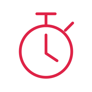 A circular stopwatch includes a top button and two simple hands.