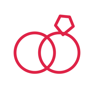 Two overlapping ring outlines sit beneath a small faceted diamond.