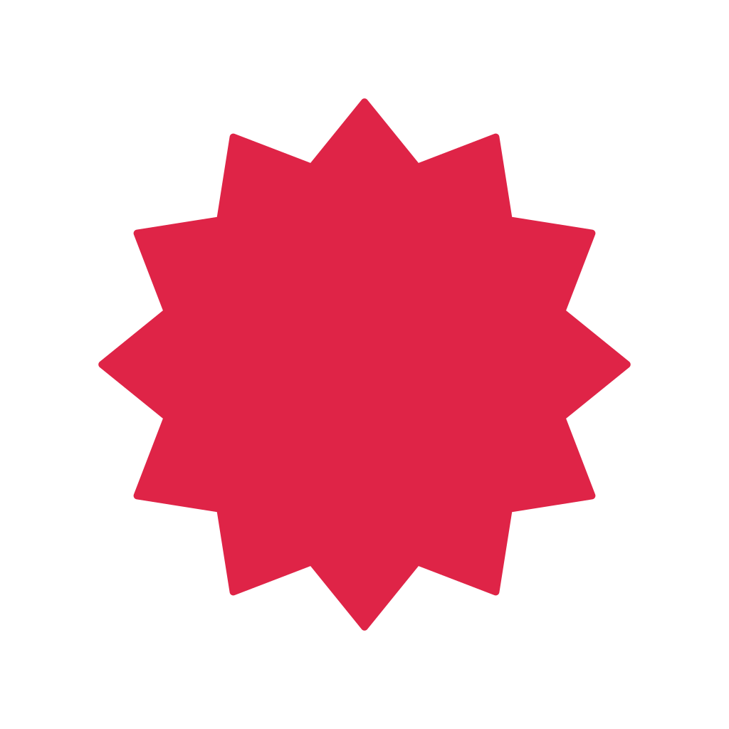 A soft radial badge has 12 evenly spaced outward points.