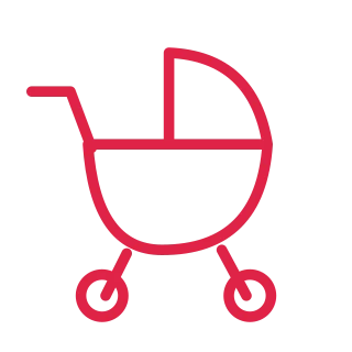 A baby carriage has a curved hood, bowl shaped body and two small wheels.