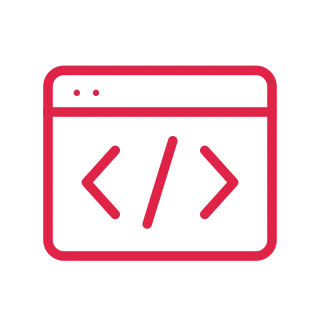 A browser window contains paired chevrons and a diagonal code slash.