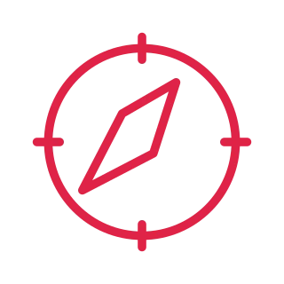 A round compass contains an elongated diamond needle and four direction ticks.
