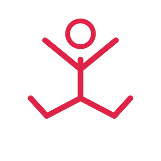A simple faceless line figure is shown jumping, with a circular head and clearly separated limbs.