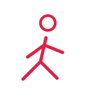 A simple faceless line figure is shown walking, with a circular head and clearly separated limbs.
