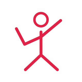A simple faceless line figure is shown waving, with a circular head and clearly separated limbs.