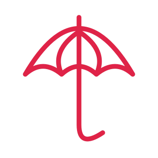 A broad umbrella canopy has scalloped edges, two curved ribs and a hooked handle.