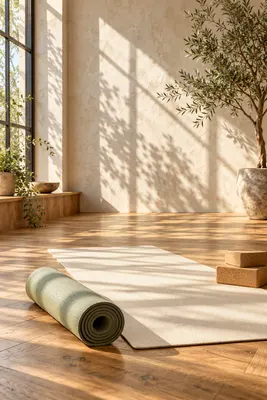 A rolled green yoga mat and wooden blocks on the floor of a sunlit neutral studio.