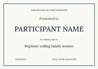 Beginner coding family session certificate template · Structured certificates