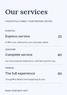 Website planning workshop price list template · Structured price-lists