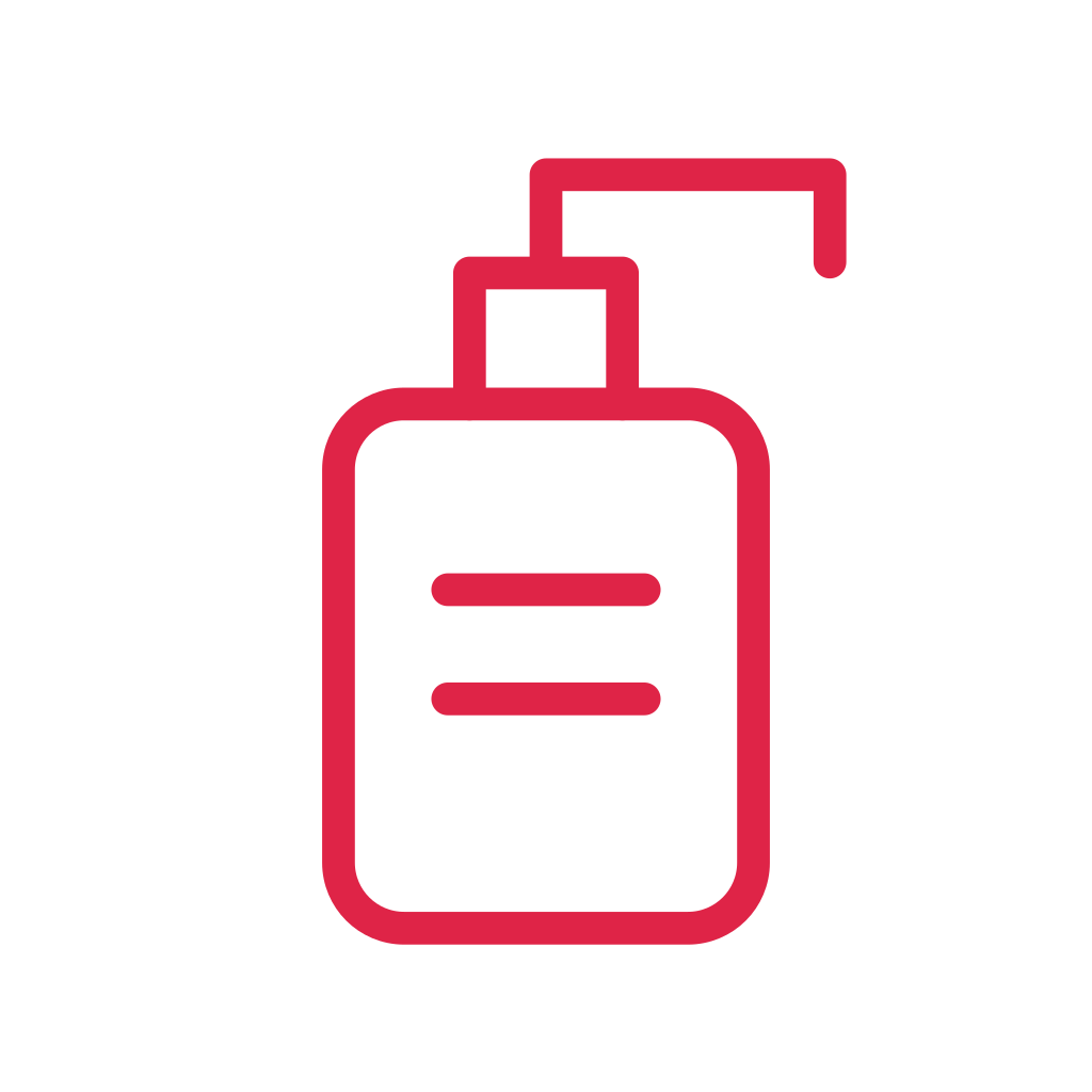 A rounded skincare bottle has a pump dispenser and two label lines.