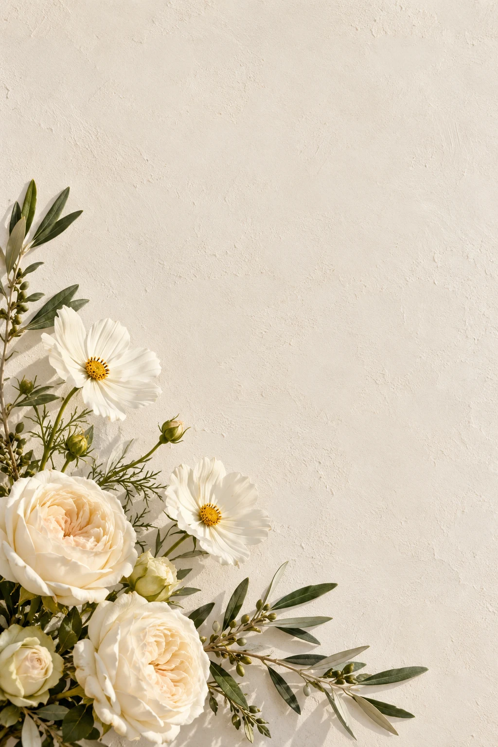 Ivory roses, white daisies and green leaves border the left and lower edges of cream textured paper.