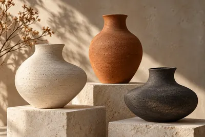 Three textured ceramic vases in ivory, terracotta and charcoal on pale stone blocks.