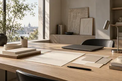 A sunlit wooden desk with notebooks and a closed laptop beside a large window.