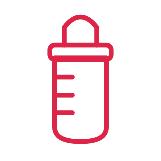 A rounded baby bottle has a soft teat, broad collar and three measurement marks.