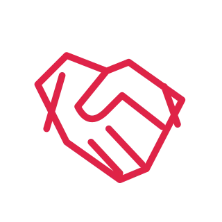 Two simplified hands meet diagonally inside an open handshake outline.