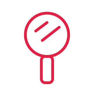 A circular hand mirror has a narrow handle and two diagonal reflection lines.