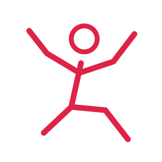 A simple faceless line figure is shown dancing, with a circular head and clearly separated limbs.