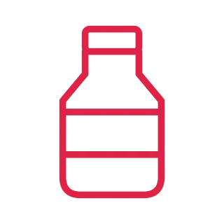 A reusable bottle has sloping shoulders, a small cap and two horizontal bands.