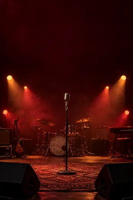 A microphone and drum kit on an empty stage lit by amber and red spotlights.