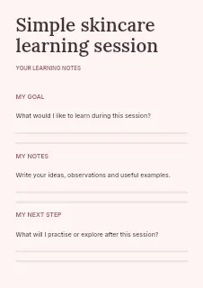 Simple skincare learning session worksheet template · Structured worksheets