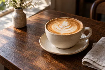 A cappuccino with latte art on a wooden café table beside a small vase.