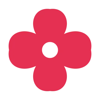 A red flower symbol with six rounded petals and a clear centre.