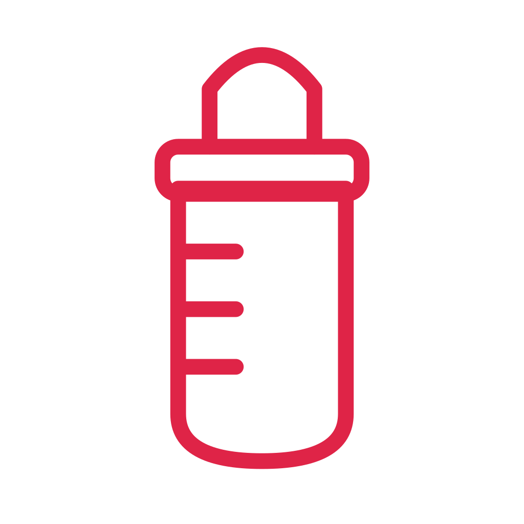 A rounded baby bottle has a soft teat, broad collar and three measurement marks.