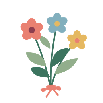 A hand-composed bouquet of coral, blue and golden flowers with layered green leaves and a tied ribbon.