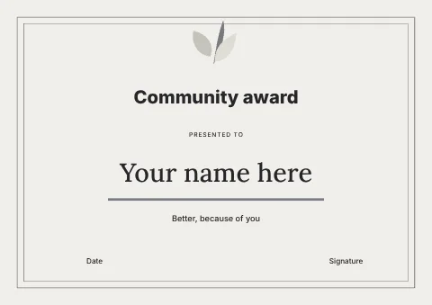 Community award · Monochrome certificate template
