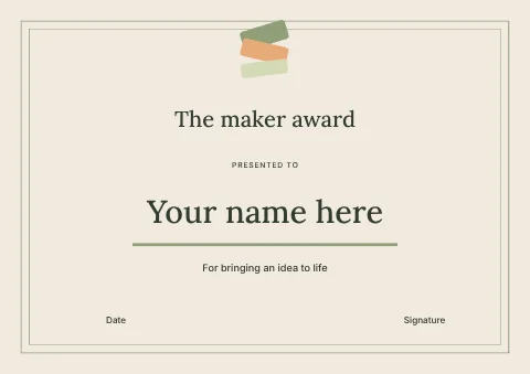 The maker award · Editorial certificate template