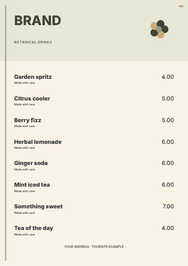 Botanical drinks · Medallion menu template