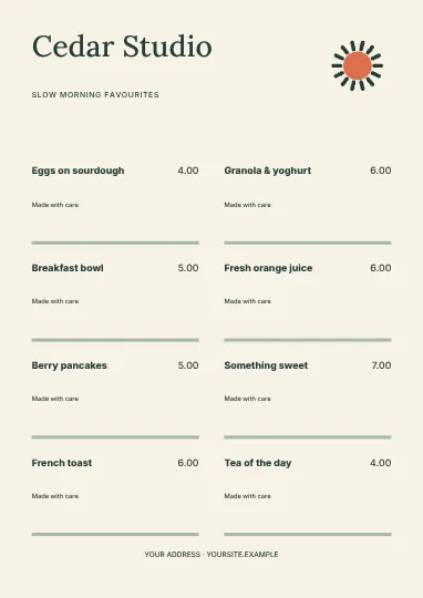 Slow morning favourites · Contour menu template