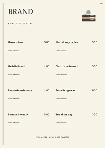 A taste of the coast · Signal menu template