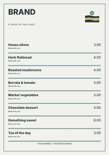 A taste of the coast · Spectrum menu template