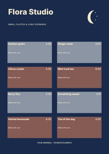 Small plates & long evenings · Typographic menu template