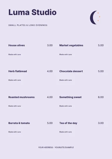 Small plates & long evenings · Orbit menu template