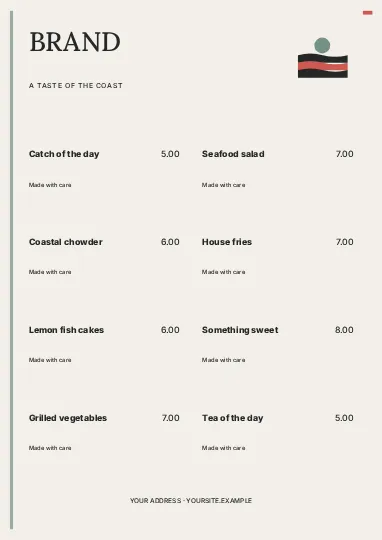 A taste of the coast · Signal 2 menu template