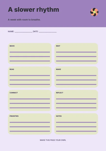 A slower rhythm · Playful planner template
