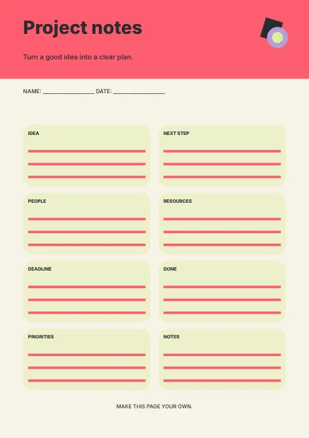 Project notes · Bold planner template