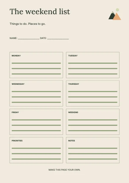 The weekend list · Editorial planner template