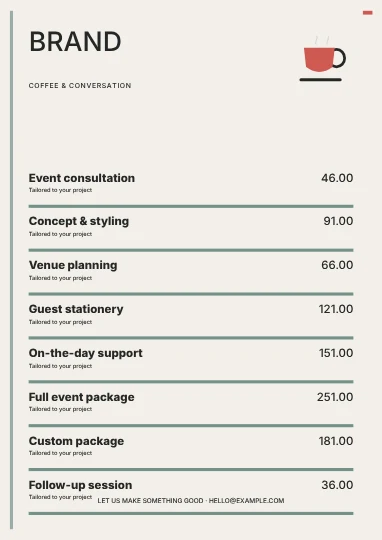 Coffee & conversation · Terrace price list template