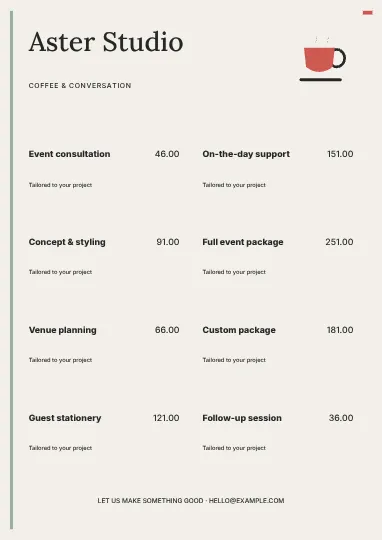 Coffee & conversation · Signal 2 price list template